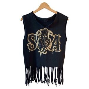 Sons of Anarchy Upcycled Graphic Fringe Tank Top Hand‑Cut Small Grunge Rock